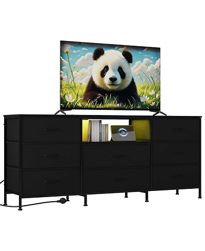 gaomon 63" Tv Stand with 8 Fabric Drawers and Led Lighting, Steel Frame Media Console for 65 70 75 Inch Televisions