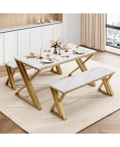 gaomon Kitchen Table with 2 Benches Dining Table Set for 4 with Faux Marble Tabletop Saving Space Dining Room Table Set
