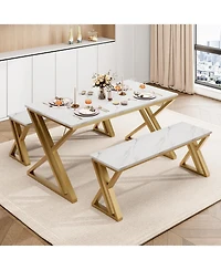 gaomon Kitchen Table with 2 Benches Dining Table Set for 4 with Faux Marble Tabletop Saving Space Dining Room Table Set