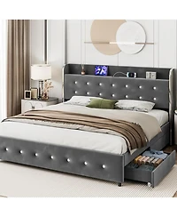 gaomon Queen Bed Frame with 4 Storage Drawers & Charging Station, Velvet Upholstered Platform Bed Frame with Storage Headboard, No Box Spring Needed