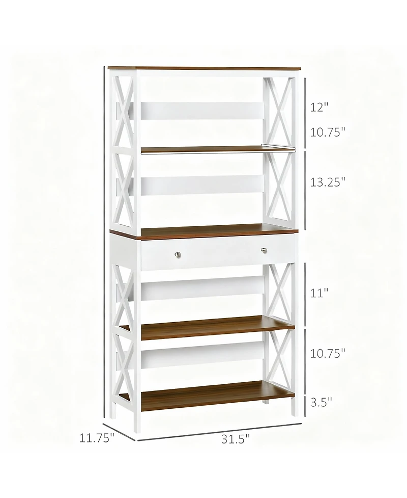 Yigii 4-Tier Walnut & White Bookshelf with Drawer and Stability