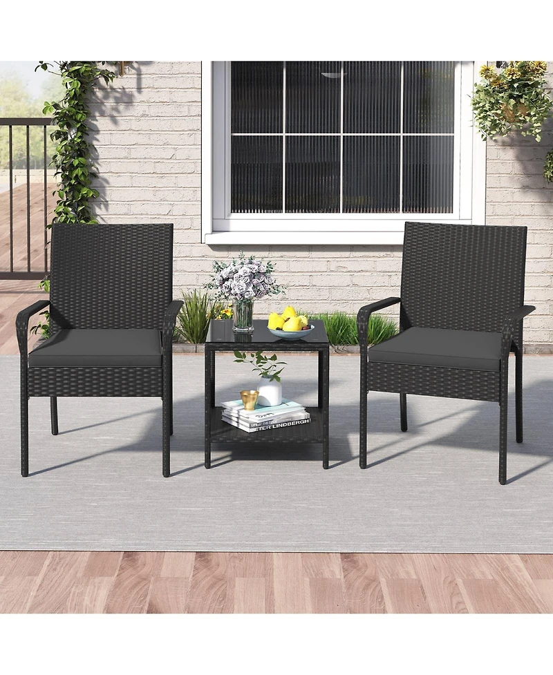 Gymax 3 Piece Patio Furniture Set Outdoor Wicker Chair & Table w/ Seat Cushions