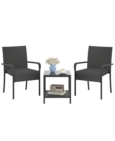 Gymax 3 Piece Patio Furniture Set Outdoor Wicker Chair & Table w/ Seat Cushions