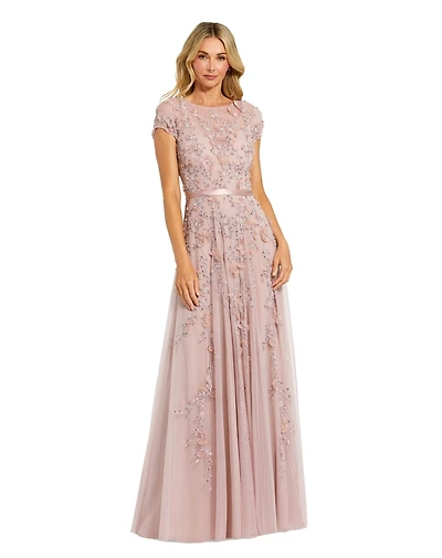Mac Duggal Petite Floral Embellished Cap Sleeve Gown