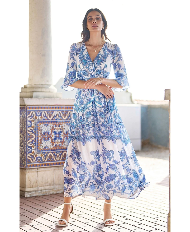 Yumi Women's 3/4 Sleeves Paisley Wrap Midi Dress