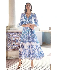 Yumi Women's 3/4 Sleeves Paisley Wrap Midi Dress