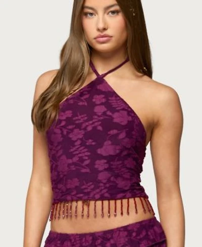 Edikted Womens Keyla Bead Fringed Textured Halter Top