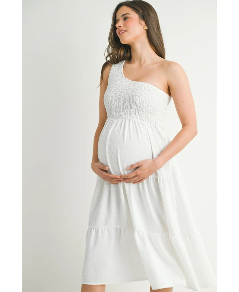 Hello Miz Maternity One-Shoulder Smocked Swiss Dot Midi Dress