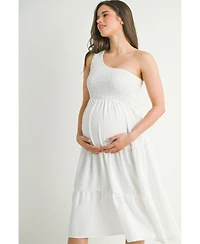 Hello Miz Maternity One-Shoulder Smocked Swiss Dot Midi Dress