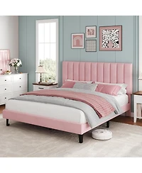 Draft - gaomon Full Size Velvet Upholstered Platform Bed Frame with Adjustable Headboard, Vertical Channel Tufted Design