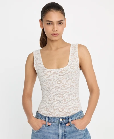 Good American Women's Stretch Lace Scoop Neck Tank Bodysuit, Regular & Plus