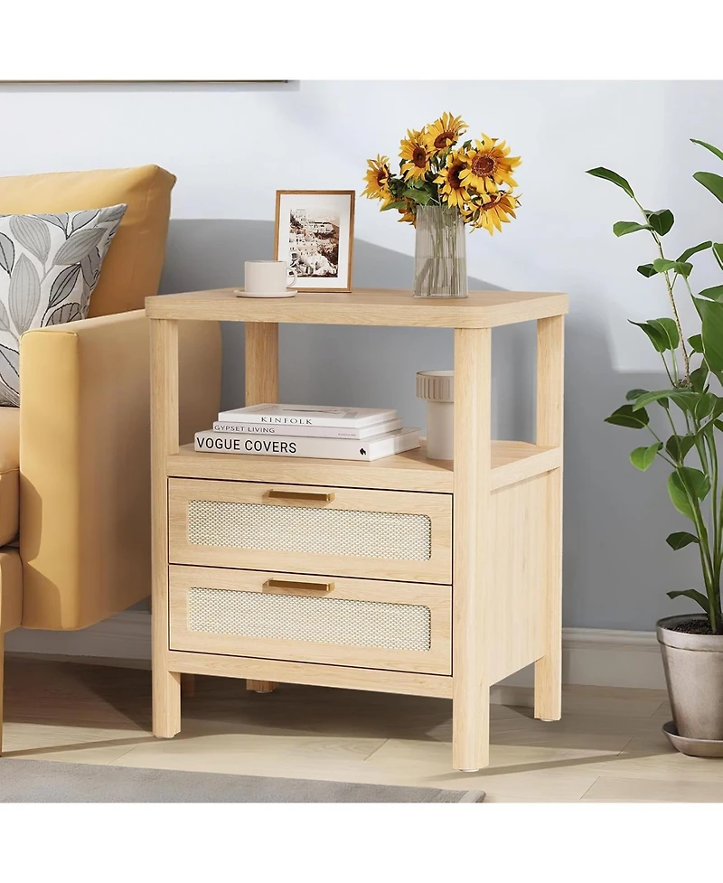 gaomon Rattan Nightstands Set of 2, Large Nightstands with Drawers and Storage Shelf, Farmhouse Bedside Table, Wood