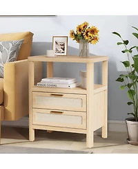 gaomon Rattan Nightstands Set of 2, Large Nightstands with Drawers and Storage Shelf, Farmhouse Bedside Table, Wood