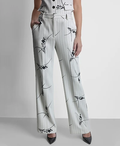 Dkny Women's Pinstripe Floral Mid Rise Flared Pants