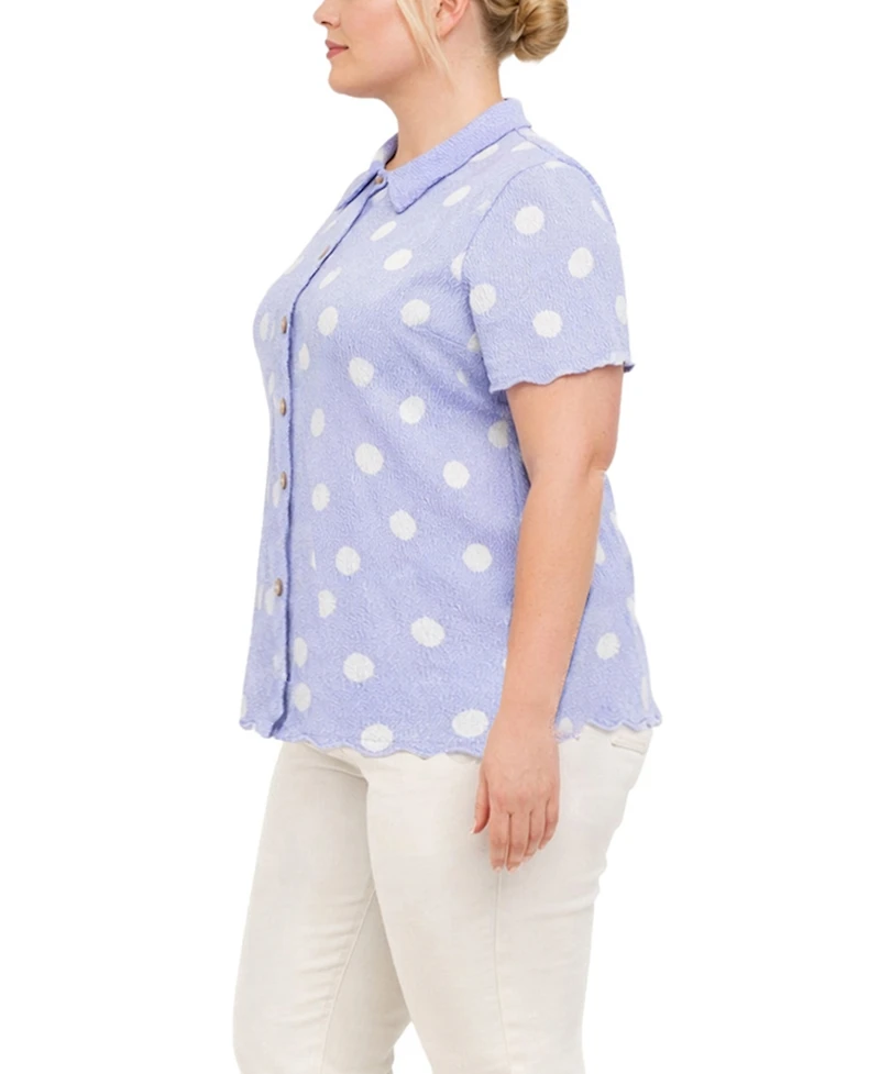 Coin 1804 Plus Polka Dot Crinkle Knit Button Short Sleeve Shirt