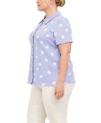 Coin 1804 Plus Polka Dot Crinkle Knit Button Short Sleeve Shirt