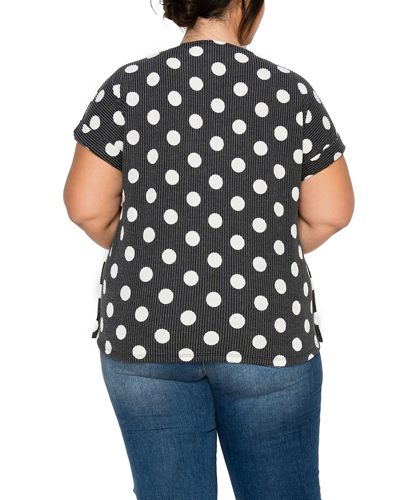 Coin 1804 Plus Polka Dot Double Knit Rolled Sleeve Side Button Top