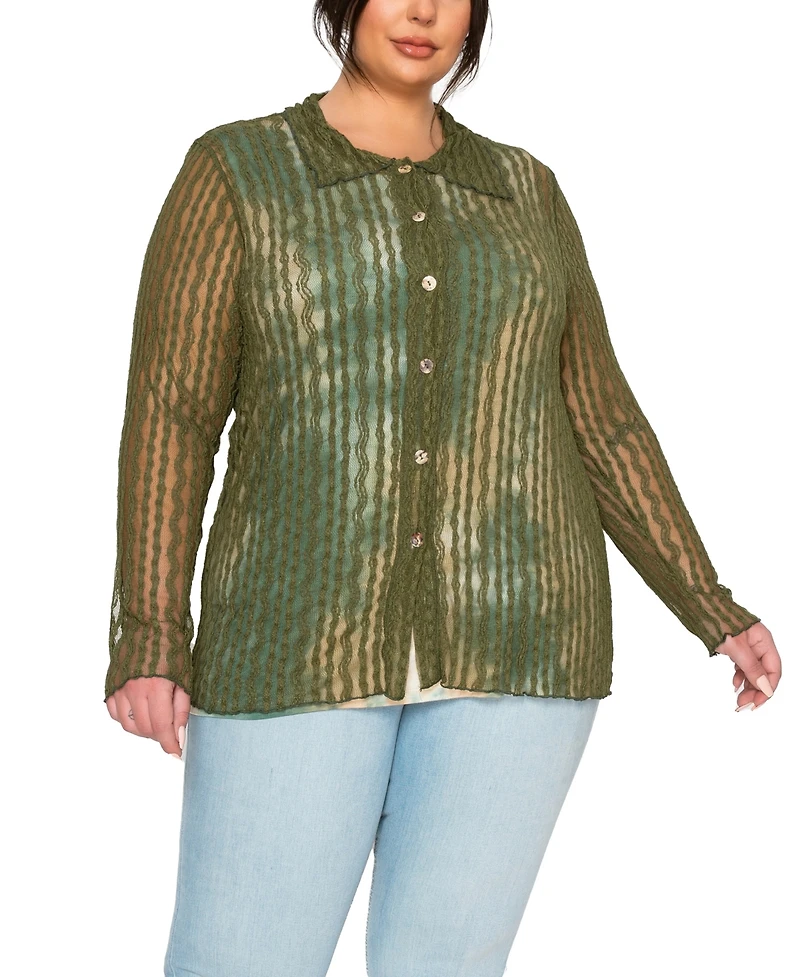 Coin 1804 Plus Vertical Floral Stripe Lace Button Front Shirt