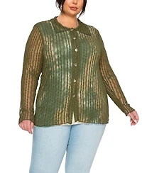 Coin 1804 Plus Vertical Floral Stripe Lace Button Front Shirt