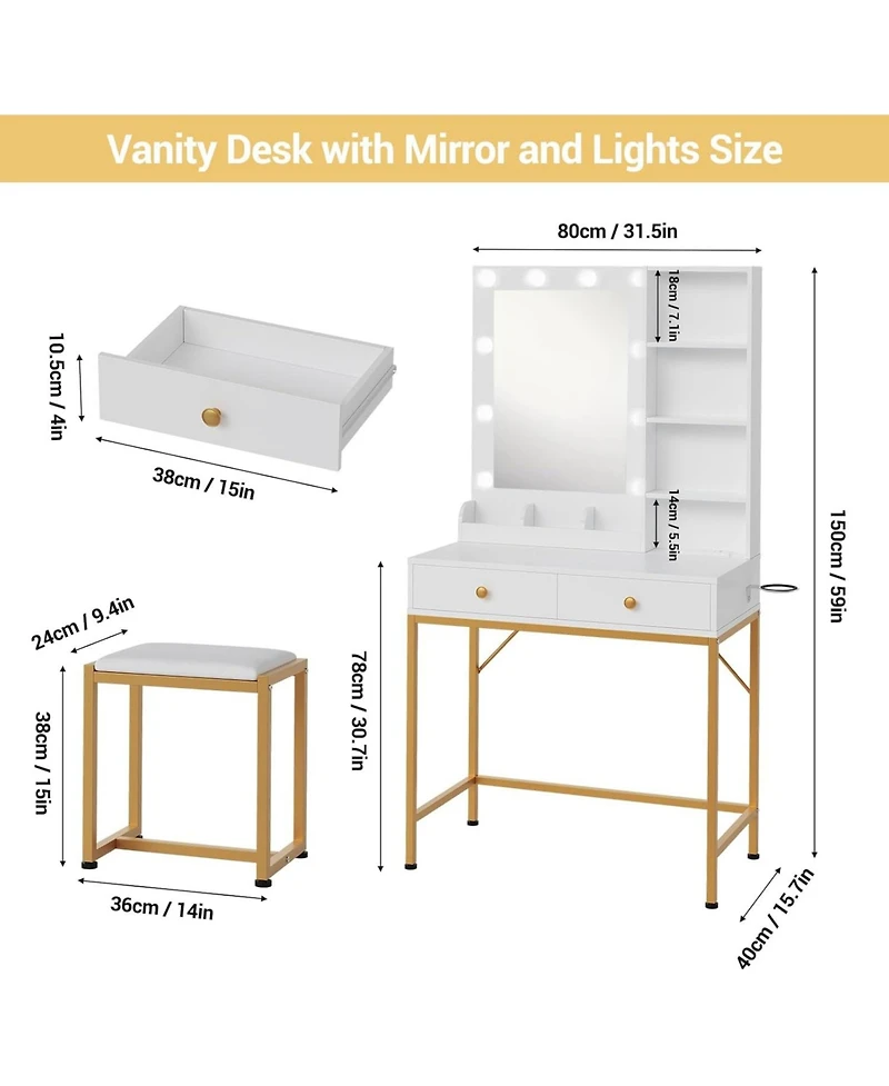 gaomon “Vanity Desk with Mirror, Lights, Chair & Charging Station – Adjustable Lighting Makeup Set”