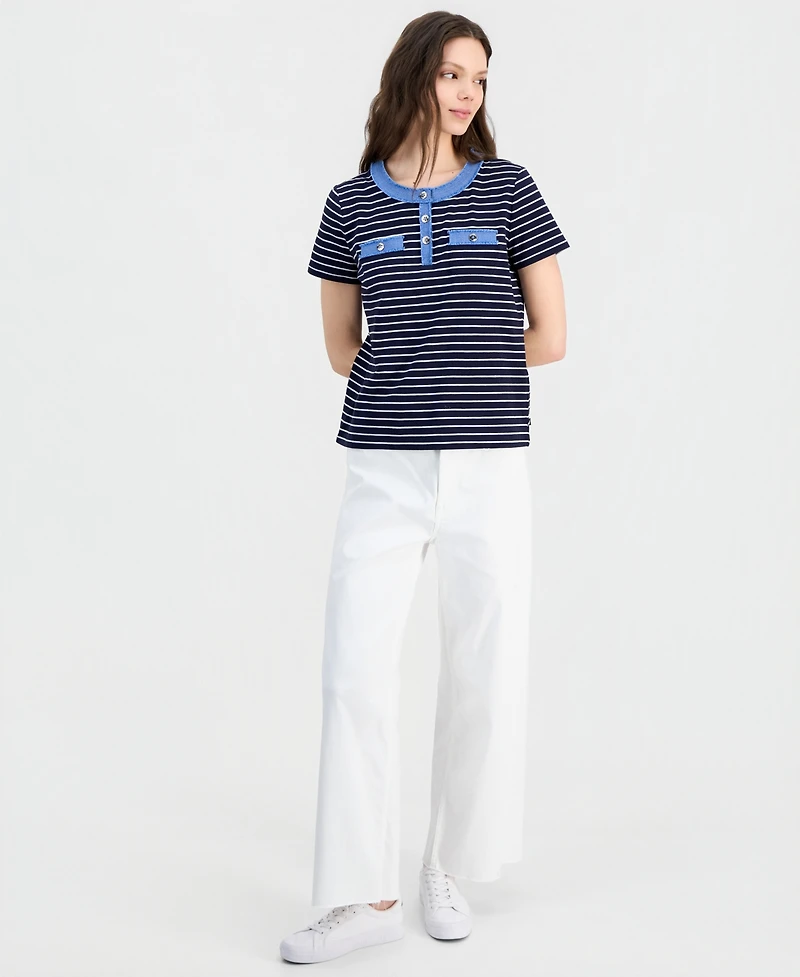 Nautica Women's Denim-Trim Striped Henley Short-Sleeve Top