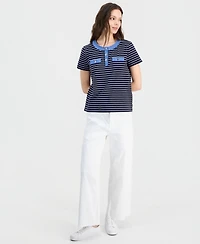 Nautica Women's Denim-Trim Striped Henley Short-Sleeve Top