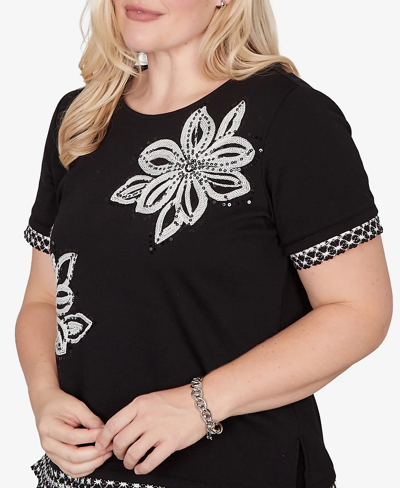 Alfred Dunner Petite Crowd Pleaser Flower Sequin Lace Border T-shirt