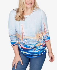 Alfred Dunner Petite Port Side Harbor Scene Printed Top