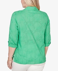 Alfred Dunner Petite Resort Living Eyelet Palm Tree Button Front Top