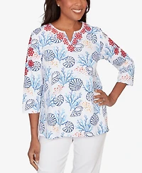 Alfred Dunner Petite Port Side Shell Print Embroidered Top