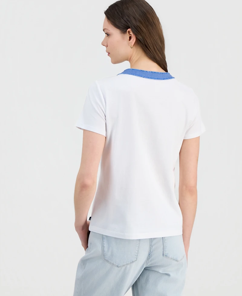 Nautica Women's Denim-Trim Henley Short-Sleeve Top