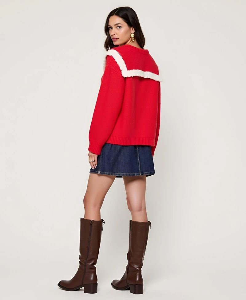 Modenaire Women's Ruffle Collar Tie-Front Knit Sweater