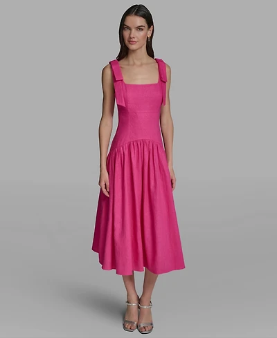Karl Lagerfeld Paris Women's Sleeveless Bow Strap Square Neck Midi Dress