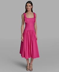 Karl Lagerfeld Paris Women's Sleeveless Bow Strap Square Neck Midi Dress