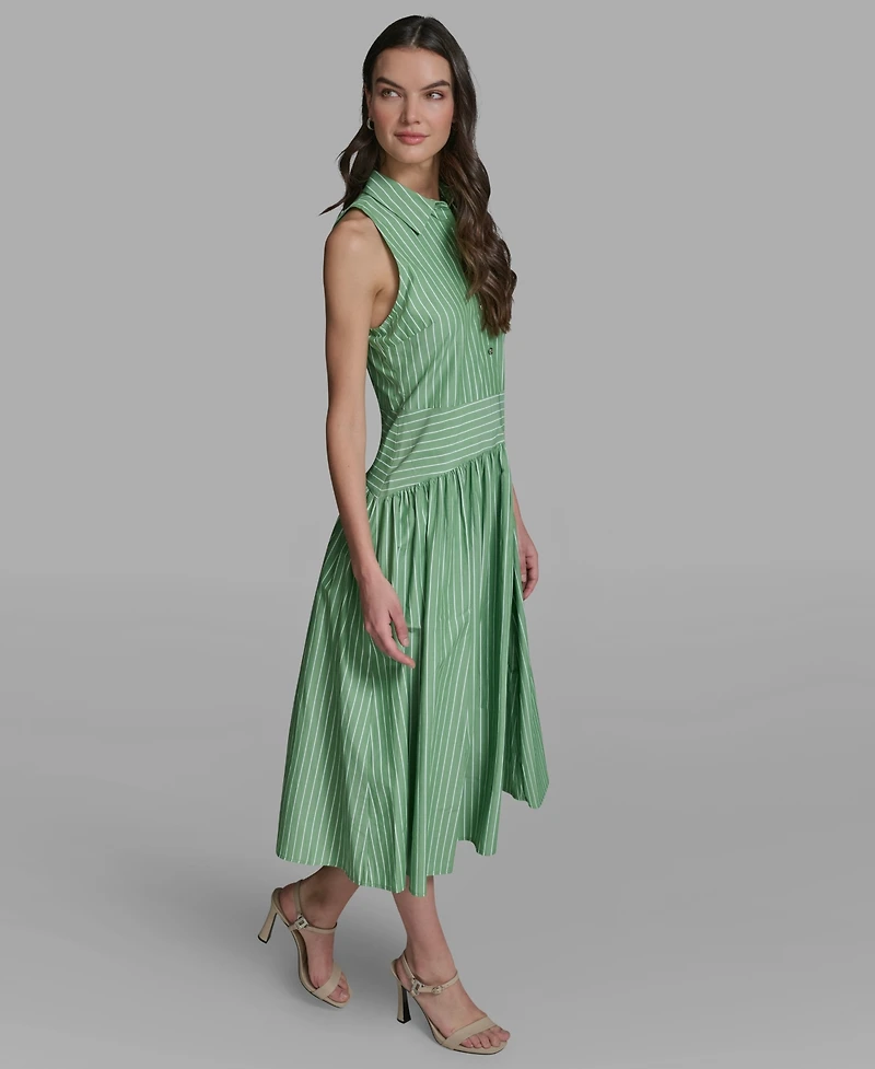 Karl Lagerfeld Paris Women's Stripe Shirting Button-Down Sleeveless Midi Shirtdress