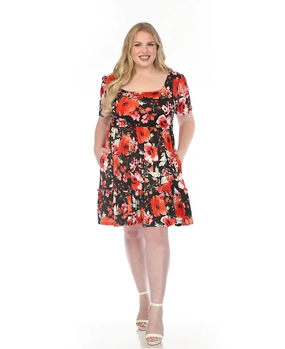 White Mark Plus Square Neck Short Sleeve Floral Dress