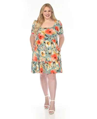 White Mark Plus Square Neck Short Sleeve Floral Dress