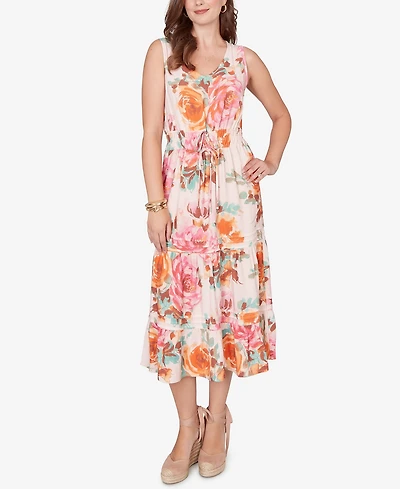 Ruby Rd. Plus Drawstring Waist Floral Linen Tiered Dress