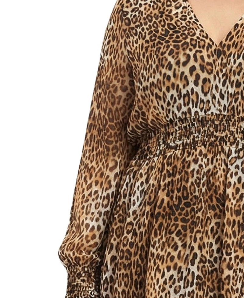 Ny Collection Plus Long Sleeve Clip Dot Chiffon Dress with Smocked Waist and Cuffs