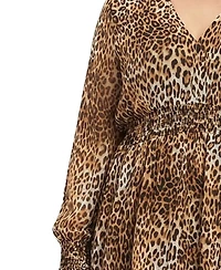 Ny Collection Plus Long Sleeve Clip Dot Chiffon Dress with Smocked Waist and Cuffs