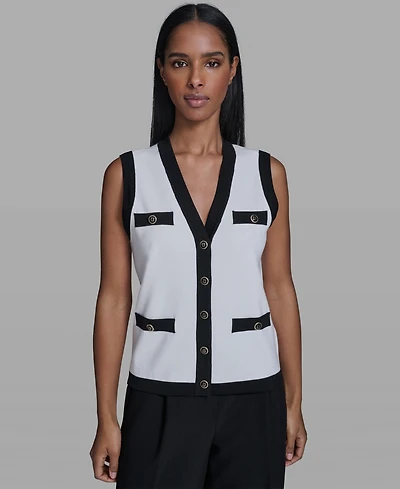 Karl Lagerfeld Paris Women's Button-Down V-Neck Sweater