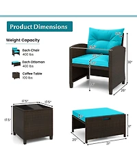 Gymax Set of 5 Patio Rattan Furniture w/ 2 Wicker Ottomans & Tempered Glass Coffee Table