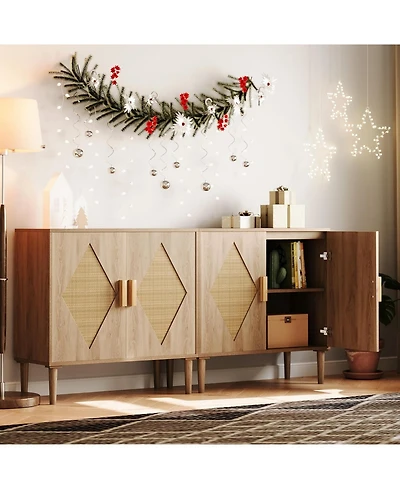 gaomon Modern Rattan Buffet Cabinet with 2 Doors, Adjustable Shelves, Woven Cane Panels, Sideboard Storage for Dining Room, Living Room, Entryway