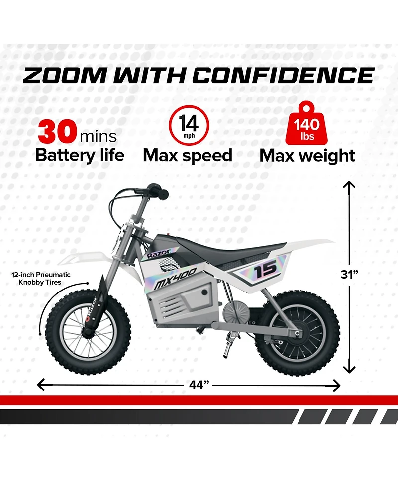 Razor MX400 Dirt Rocket 24V Ride On High-Torque Electric Motocross Motorcycle Toy Dirt Bikes, Speeds up to 14 Mph, for Ages 13+, 1 White & 1 Green