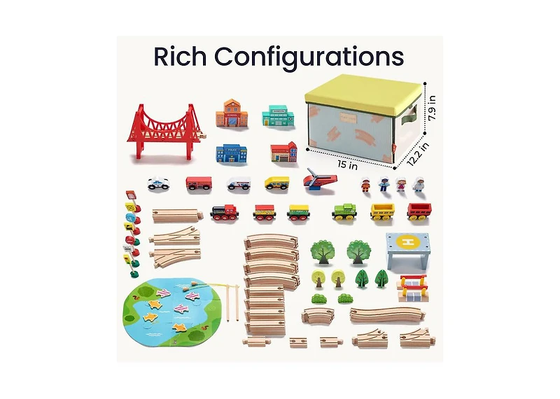 Tiny Land 110-Piece Wooden Train Set with Folding Storage Box