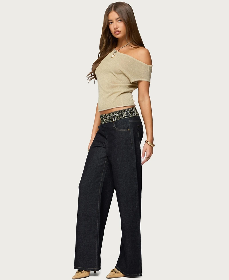 Edikted Women's Carlie Embroidered Low Rise Wide Leg Jeans