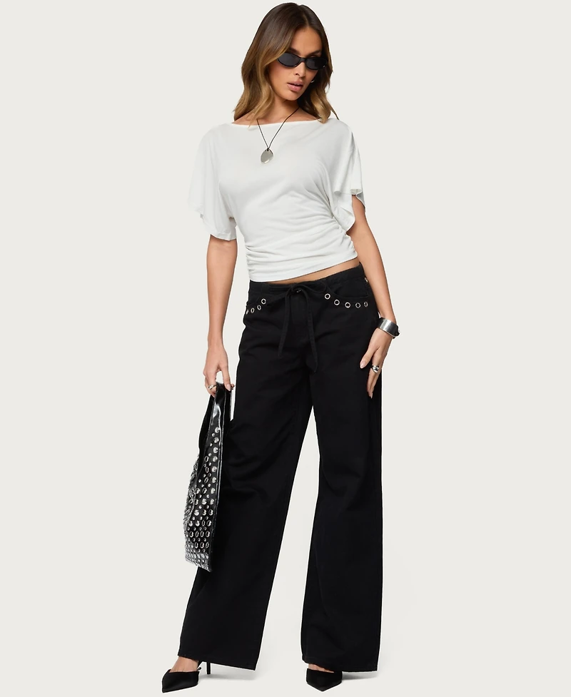 Edikted Womens Grommet Tie Waist Low Rise Jeans