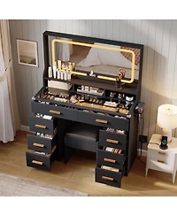 gaomon 42" Led Makeup Vanity Desk with Large Mirror, 8 Drawers & Charging Station, Modern Dressing Table Glass Top, Storage Stool