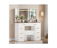 gaomon 42" Led Makeup Vanity Desk with Large Mirror, 8 Drawers & Charging Station, Modern Dressing Table Glass Top, Storage Stool
