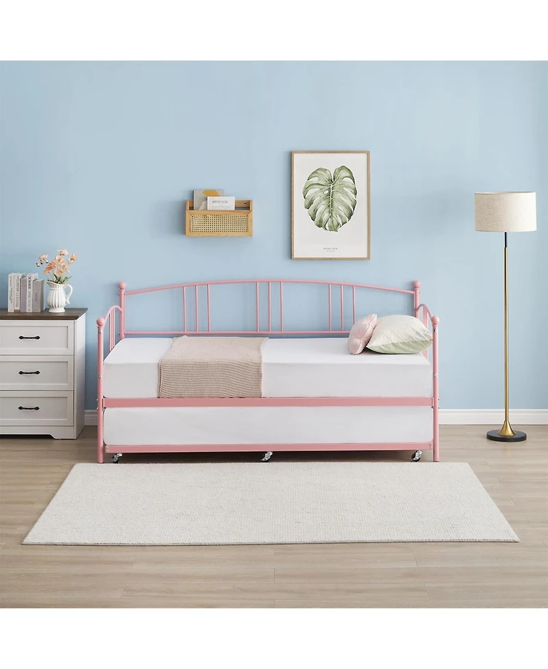 gaomon Twin Metal Daybed with Pullout Trundle, 6 Casters, Steel Slat Support Sofa Bed, No Box Spring Needed, Pink Daybed for Living Room, Bedroom